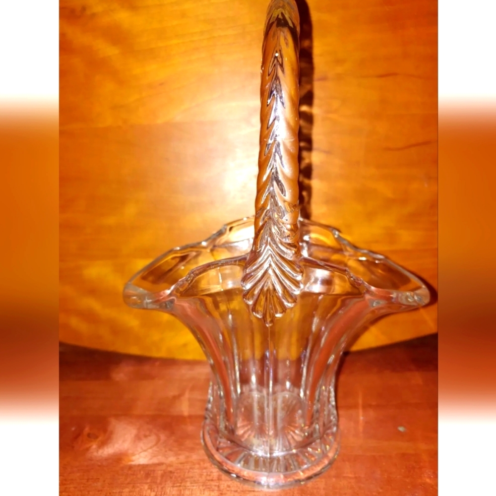 Antique VTG Duncan & Miller Clear Cut Crystal Glass Brides Basket Braided Handle